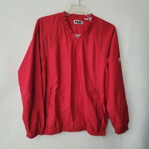 FILA Mens Pullover Windbreaker Jacket Red V Neck Long Sleeve Logo Size‎ M Golf